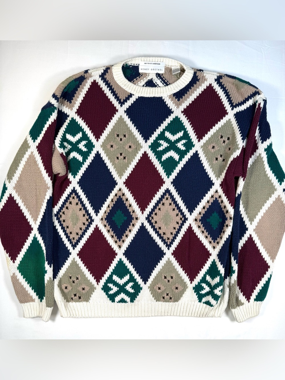HENRY GRETHEL Men’s Chunky Knit Argyle Grandpa Sweater  L Abstract Preppy Y2K